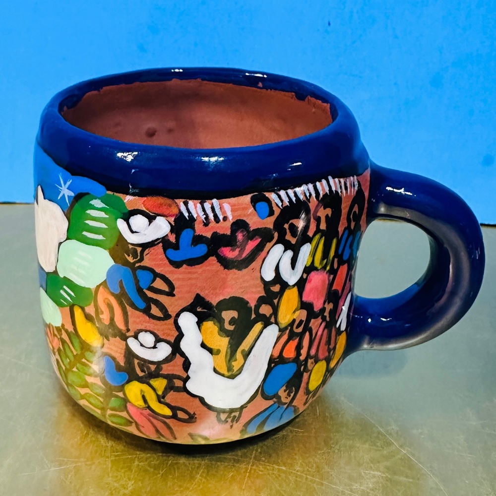 Mexican Wedding Folk Art Storytelling Hand-Painted Multicolor Clay Pottery Mug
